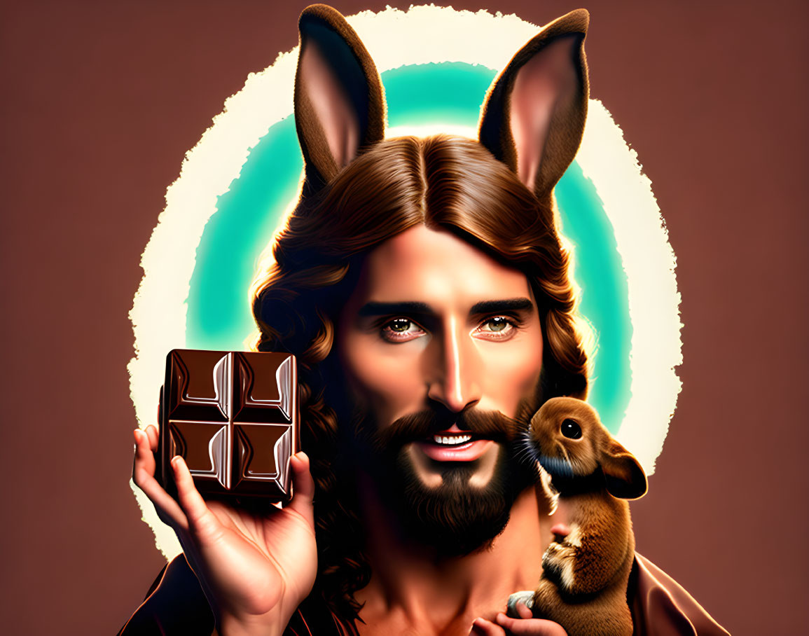 Person with halo holding chocolate bar and small dog with rabbit-like ears