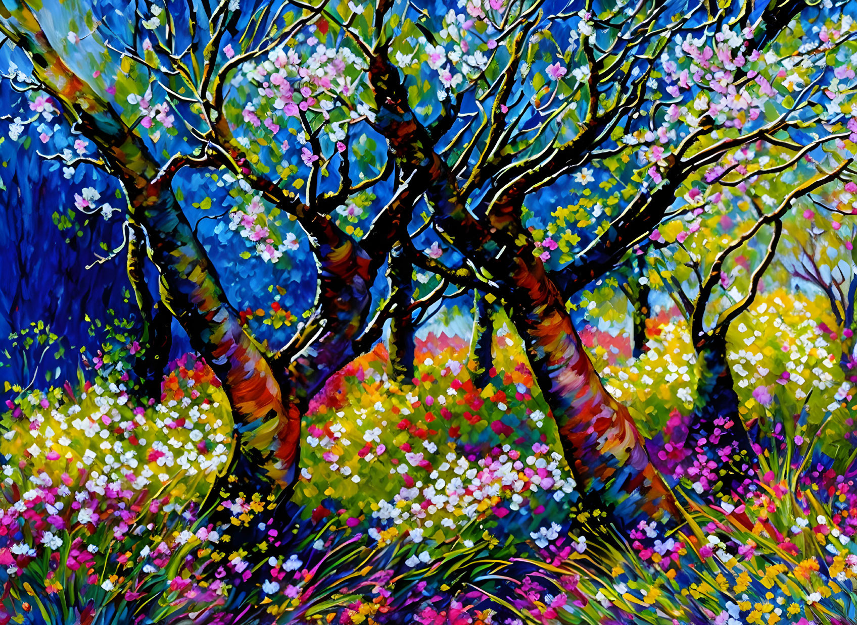 Colorful Impressionist-style Flower Landscape Painting