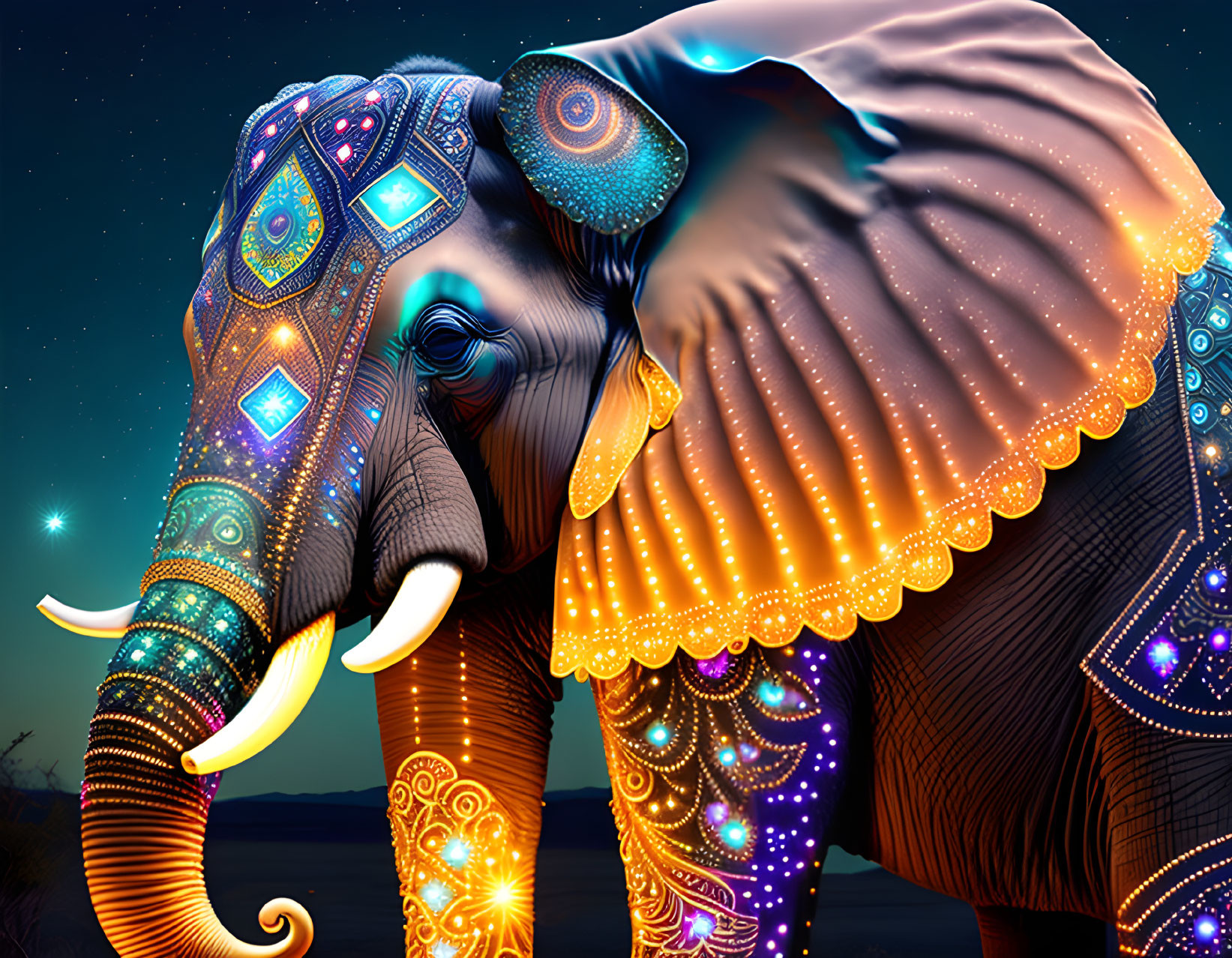 Colorful Elephant with Glowing Ornaments under Starry Night Sky