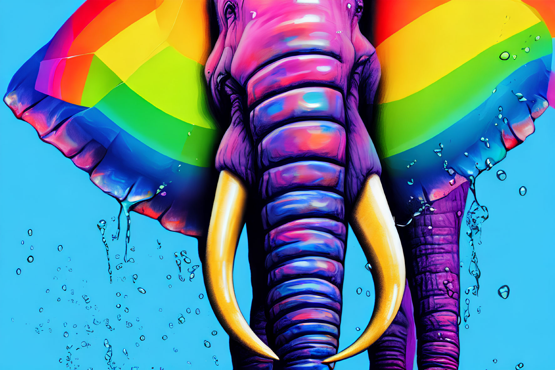 Colorful Elephant with Rainbow Trunk on Blue Background