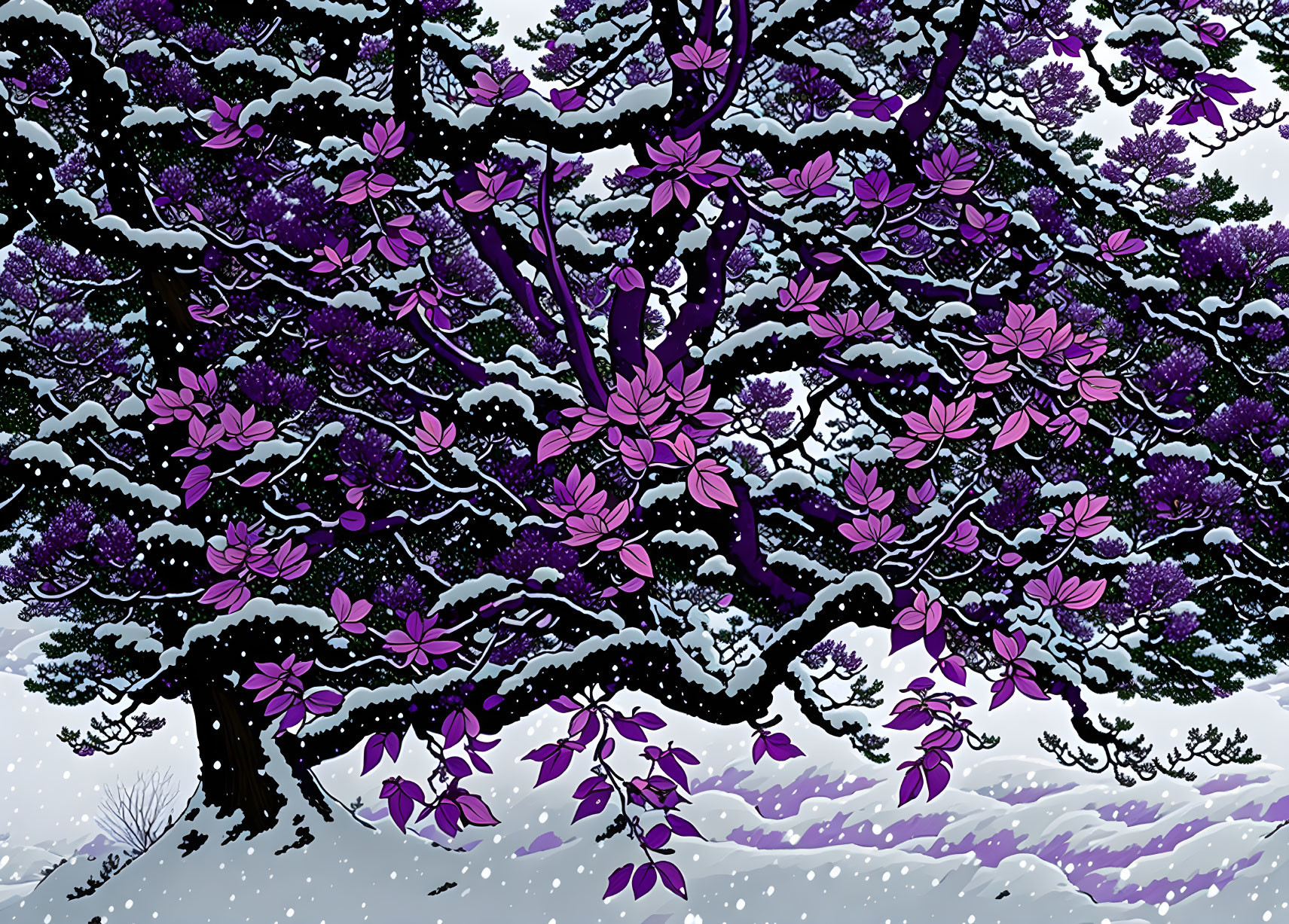 Vibrant pink magnolia tree in snowy winter landscape