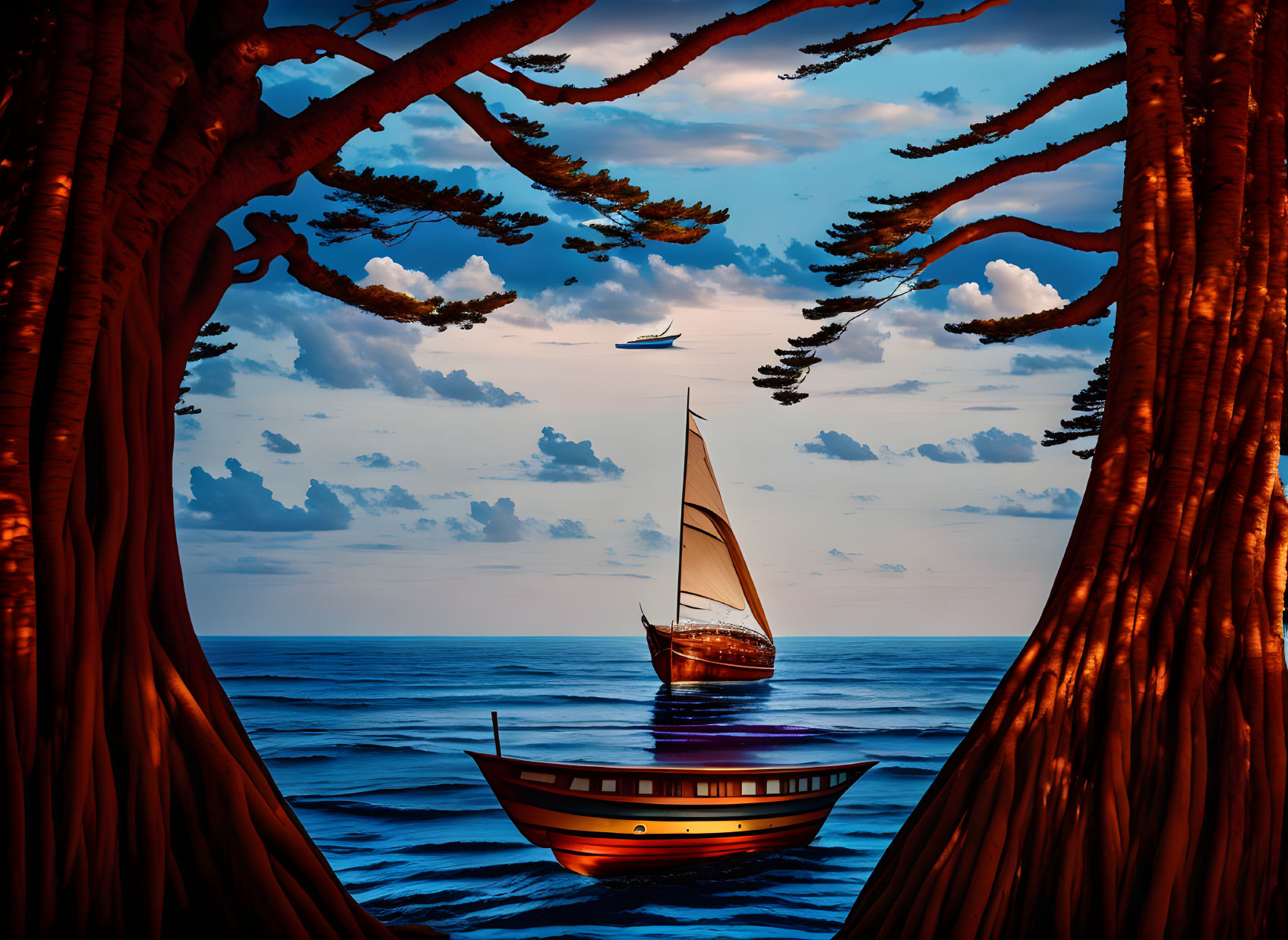 Tranquil seascape with sailboat and silhouetted tree trunks