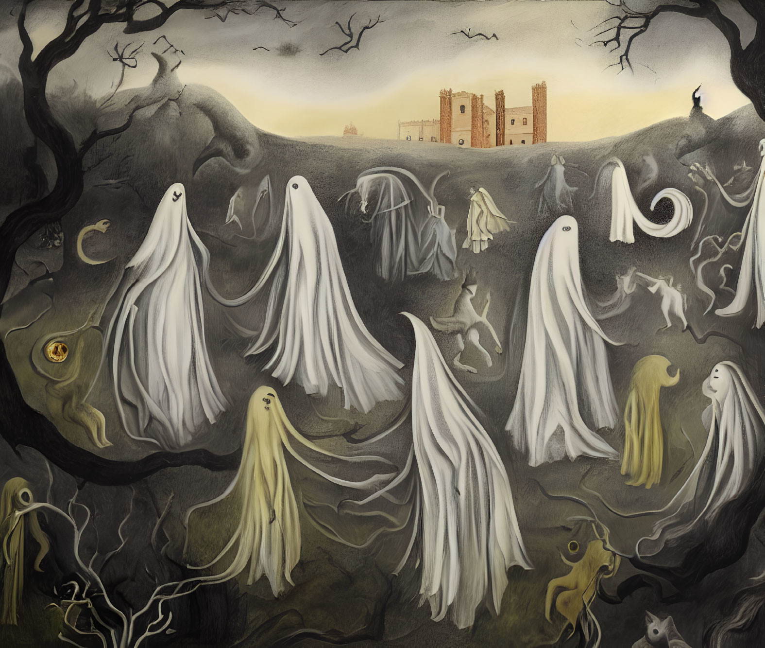 Spooky Halloween illustration with ghostly figures, jack-o'-lantern, castle, and bare trees