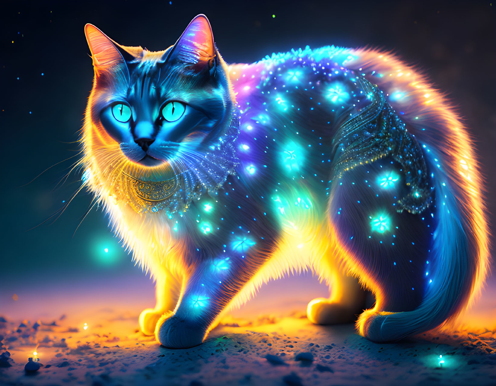 Luminous Neon Blue Cat with Stars on Dark Background