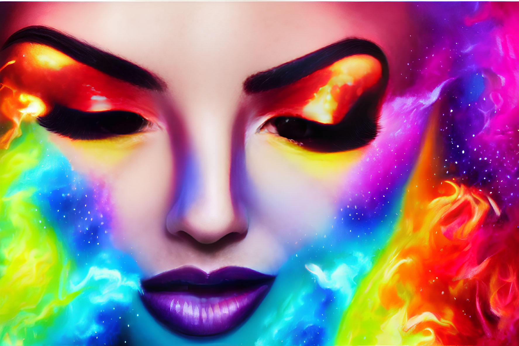 Colorful portrait of woman with fiery rainbow makeup and dark purple lips