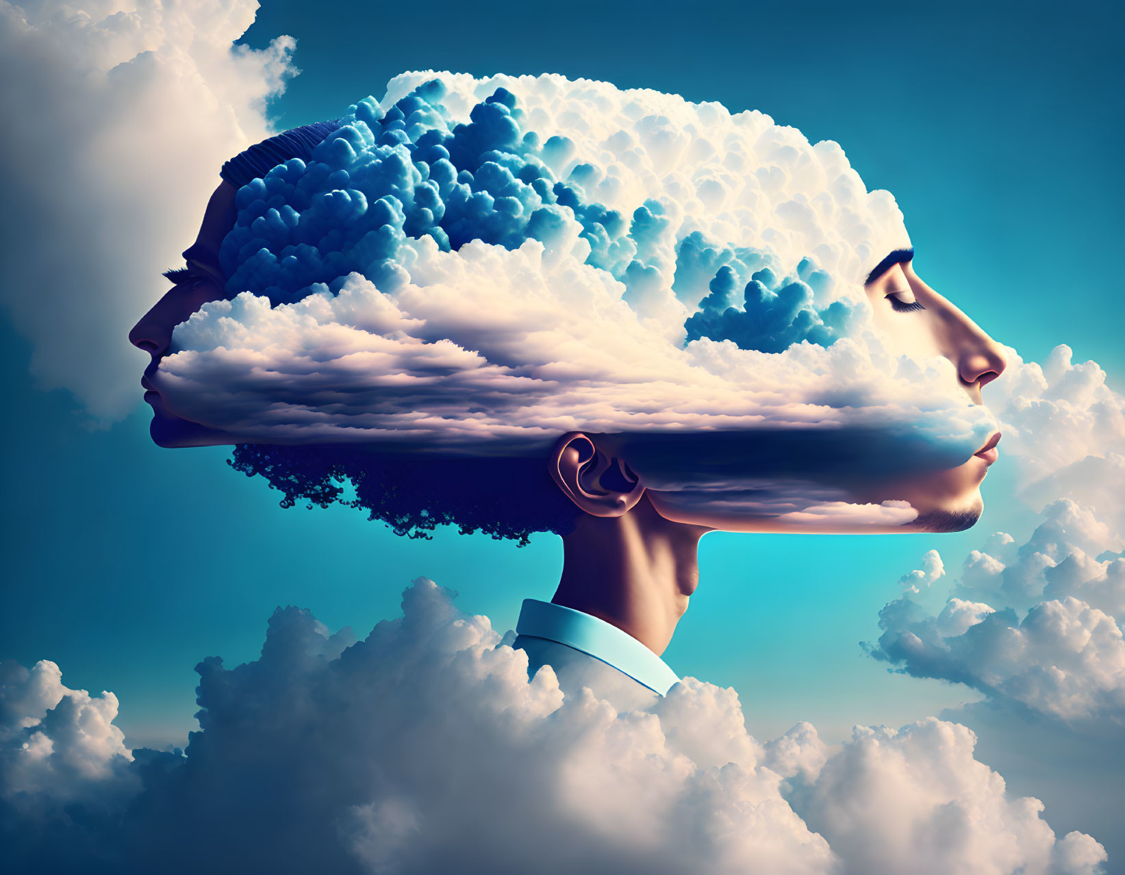 Surreal side profile with brain clouds on blue sky