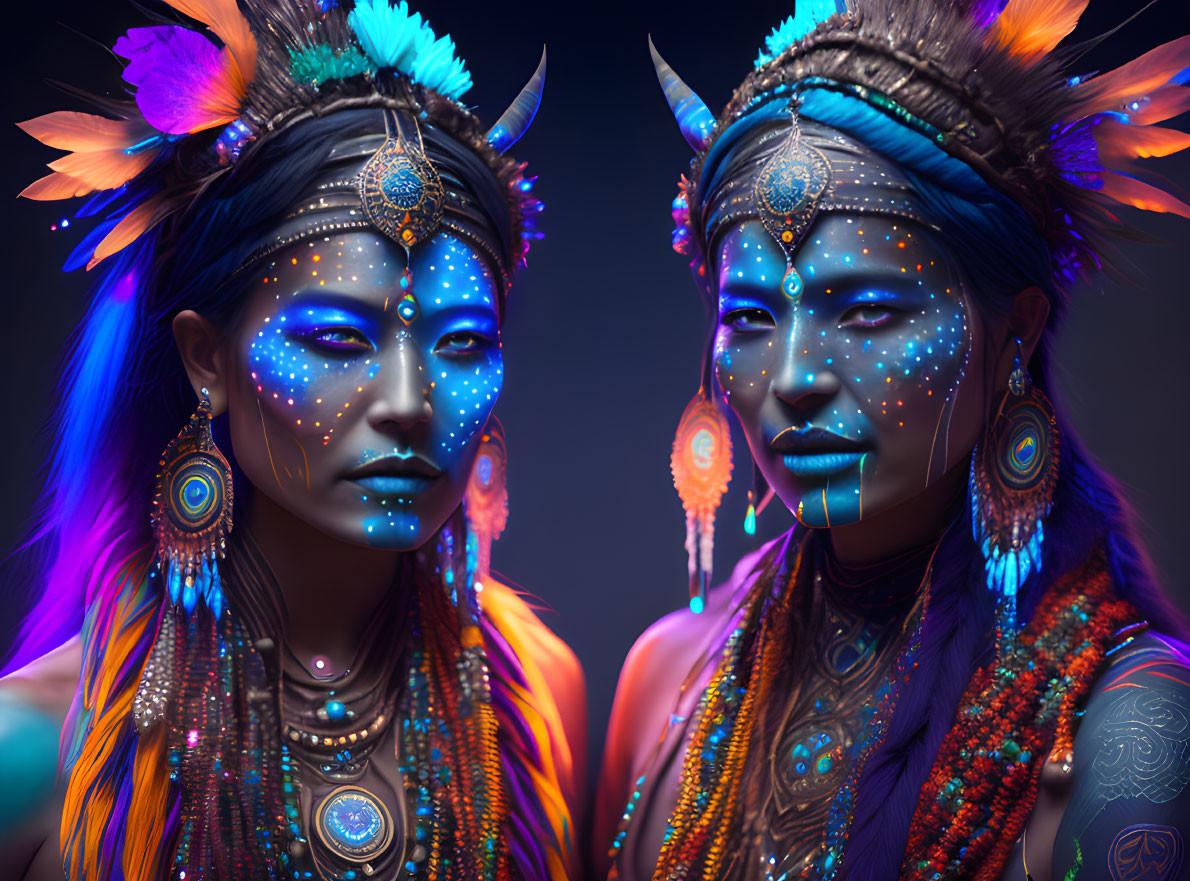 Two Women in Tribal Makeup and Headdresses with Vibrant Colors