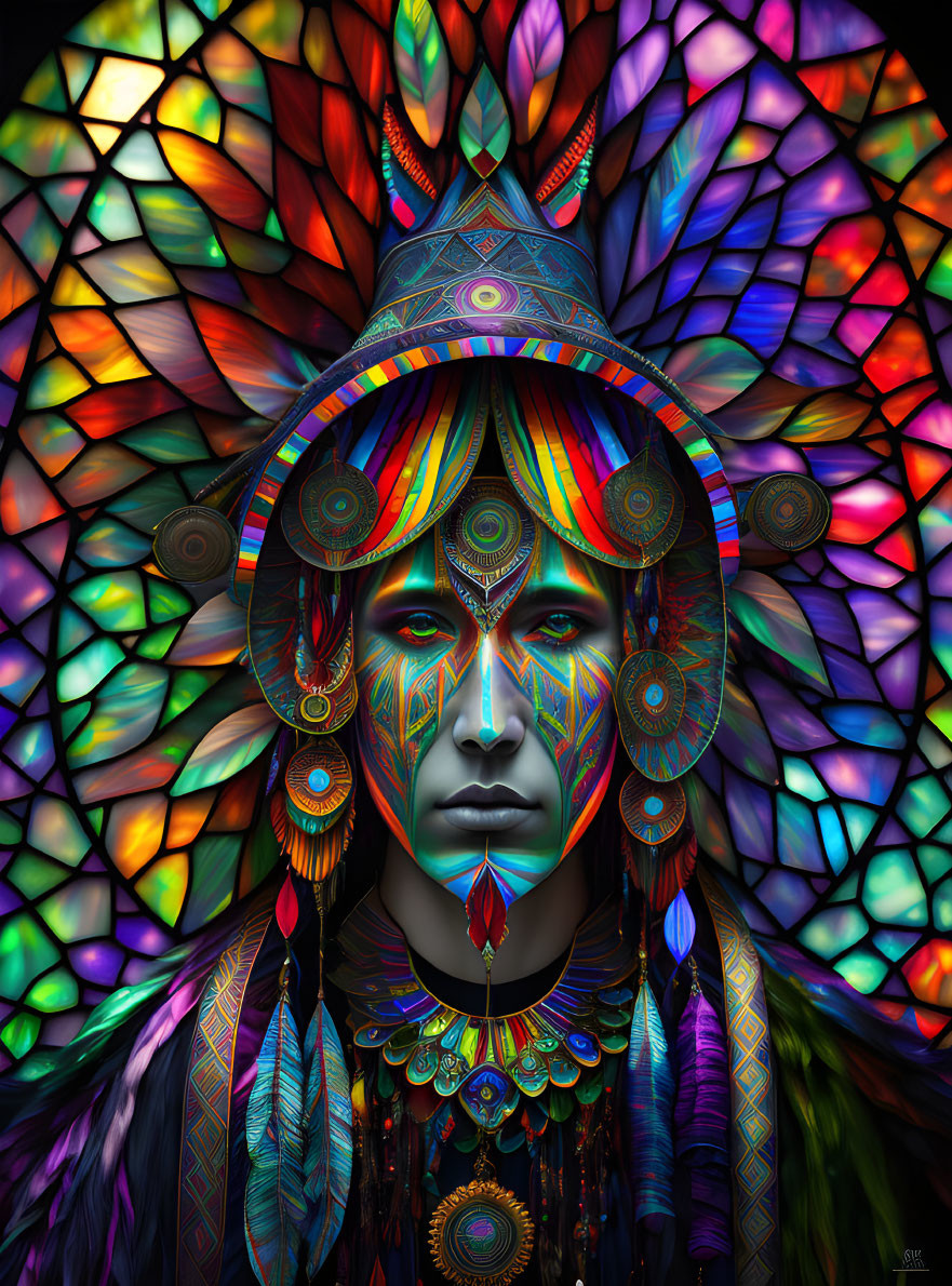 Colorful person with face paint and headdress in digital artwork