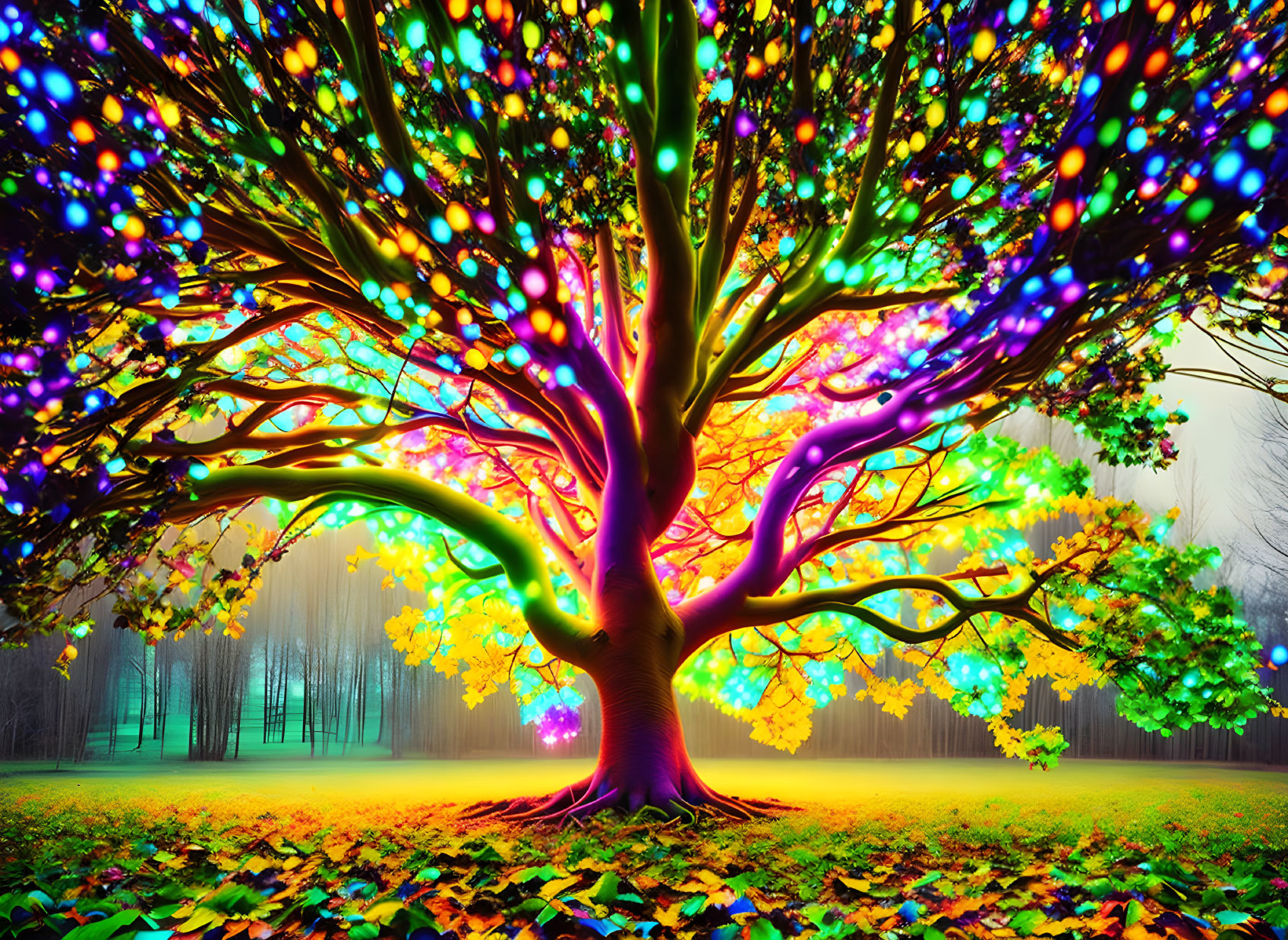 Colorful illuminated tree in misty park with rainbow lights