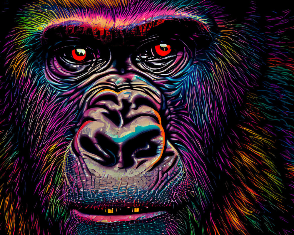 Colorful Neon Gorilla Face Artwork with Red Eyes and Multi-Colored Fur