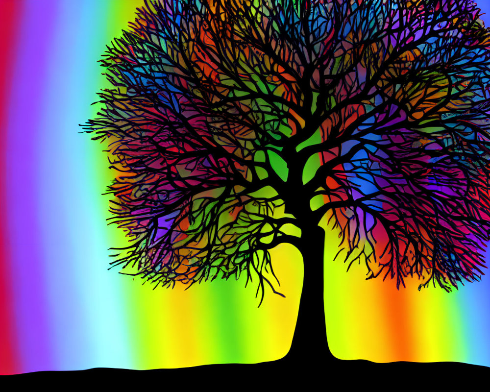 Leafless Tree Silhouette on Vibrant Rainbow Gradient Background