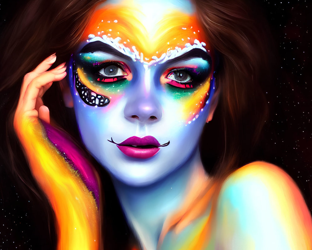 Colorful Female Face Painting with Rainbow Colors and Striking Makeup