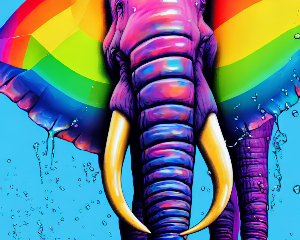 Colorful Elephant with Rainbow Trunk on Blue Background