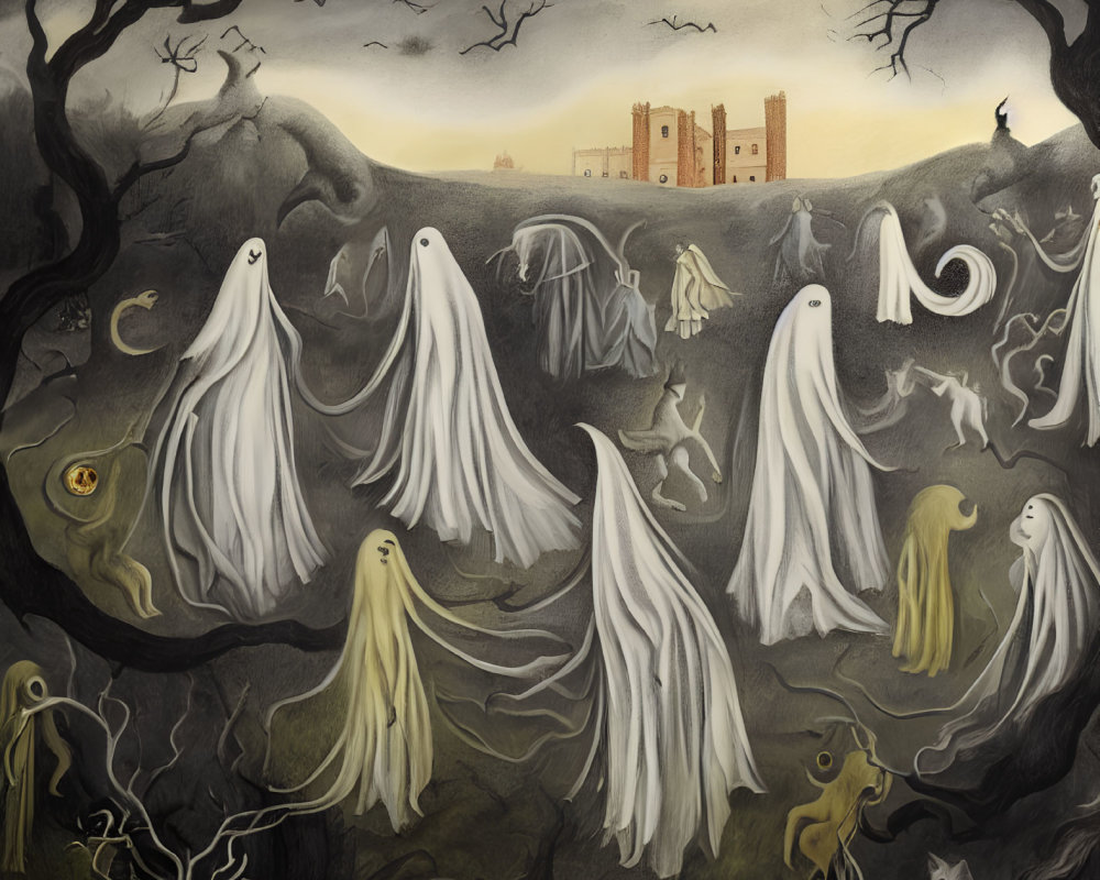 Spooky Halloween illustration with ghostly figures, jack-o'-lantern, castle, and bare trees