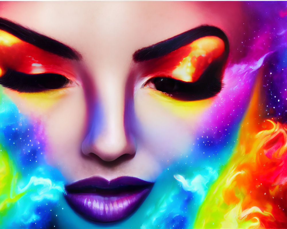 Colorful portrait of woman with fiery rainbow makeup and dark purple lips