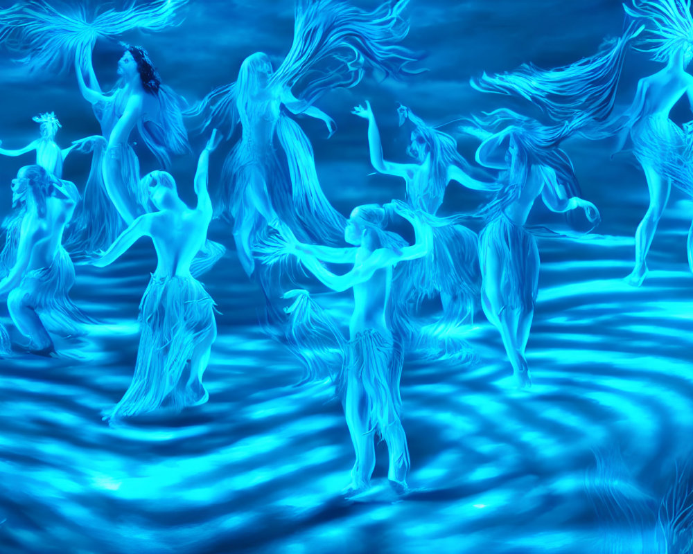 Ethereal blue figures dancing on water under glowing light