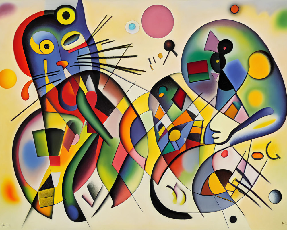 Colorful Abstract Painting: Stylized Cats with Geometric Patterns