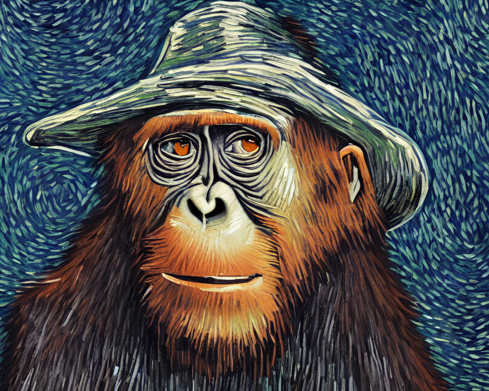 Orangutan with human-like eyes in straw hat on Van Gogh-style background