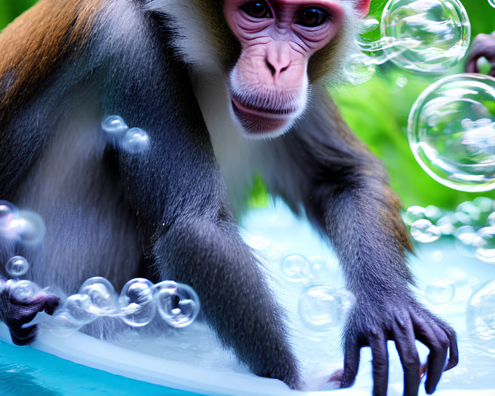 Inquisitive monkey with pink face and shiny bubbles in lush green setting