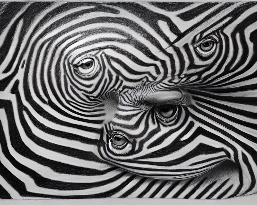 Abstract artwork: Distorted zebra pattern with multiple eyes and faces