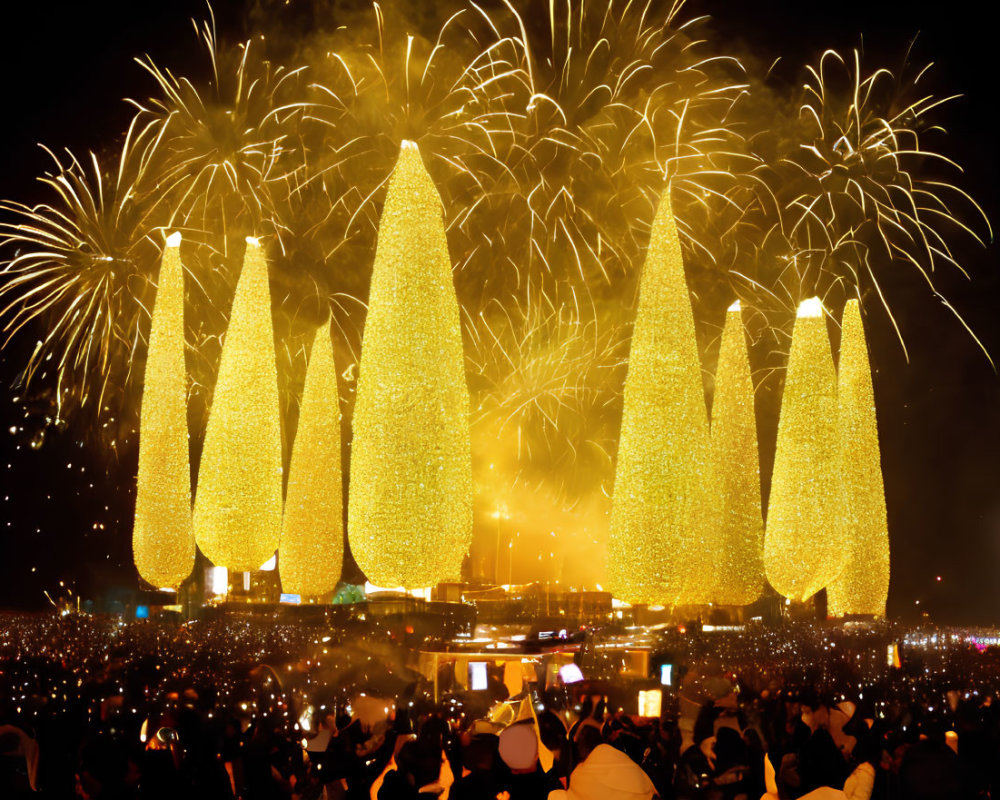 Nighttime fireworks display with illuminated cone-shaped structures and spectators.