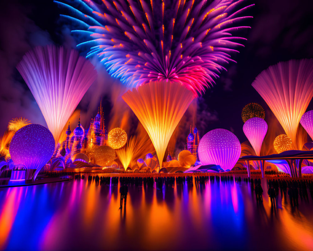 Colorful Fireworks Display Over Whimsical Castle and Fountain