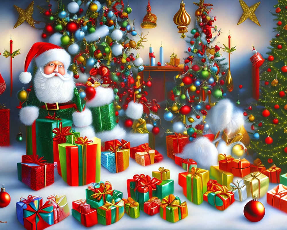 Festive Santa Claus illustration with colorful presents and Christmas trees