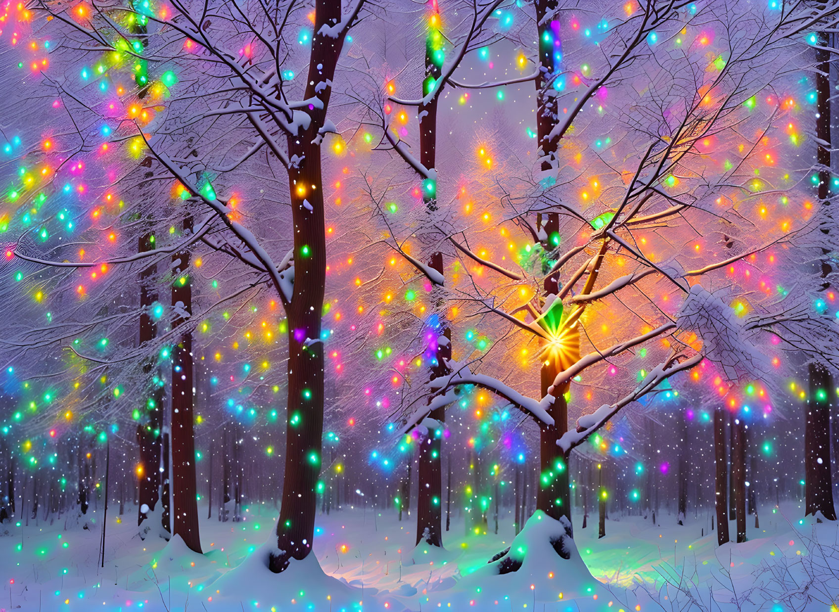 Snow-covered trees adorned with multicolored lights in serene winter forest