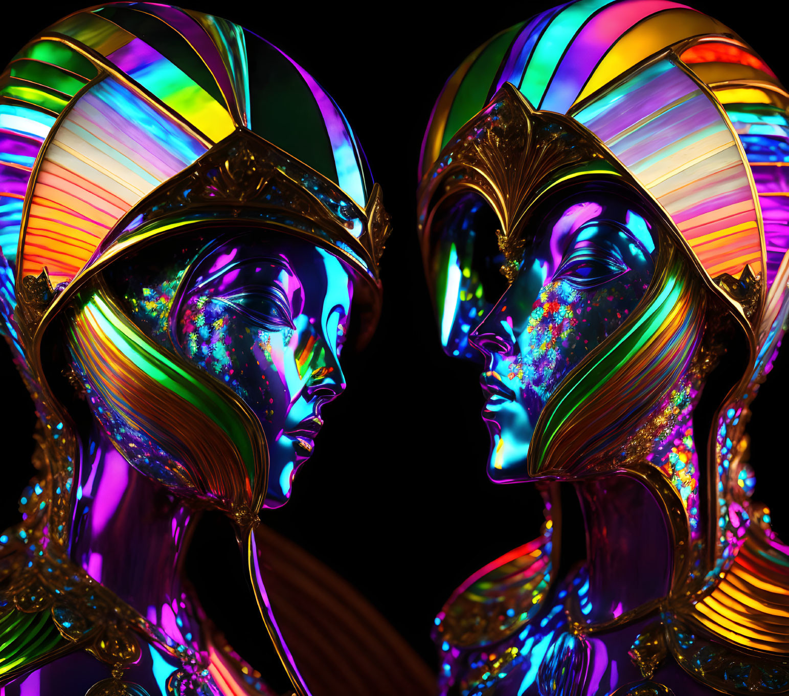 Vivid Metallic Mannequin Heads with Iridescent Visors and Glittering Face Paint