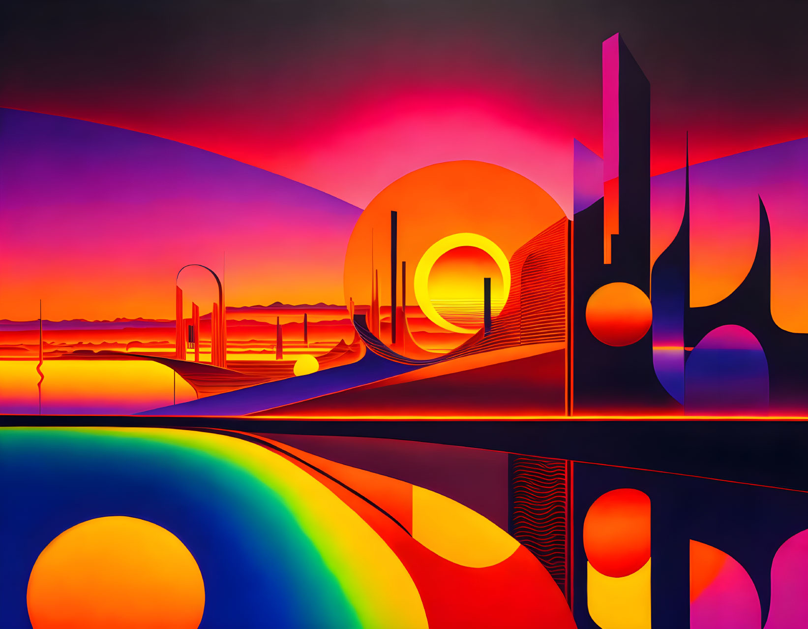 Colorful Abstract Landscape with Geometric Shapes and Sun-like Circle