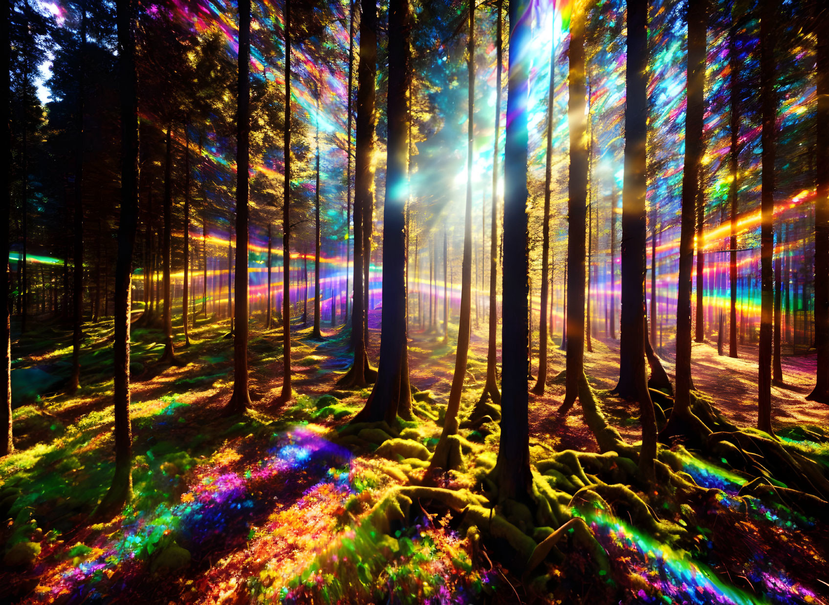 Sunbeams illuminate vibrant forest scene with colorful light refractions