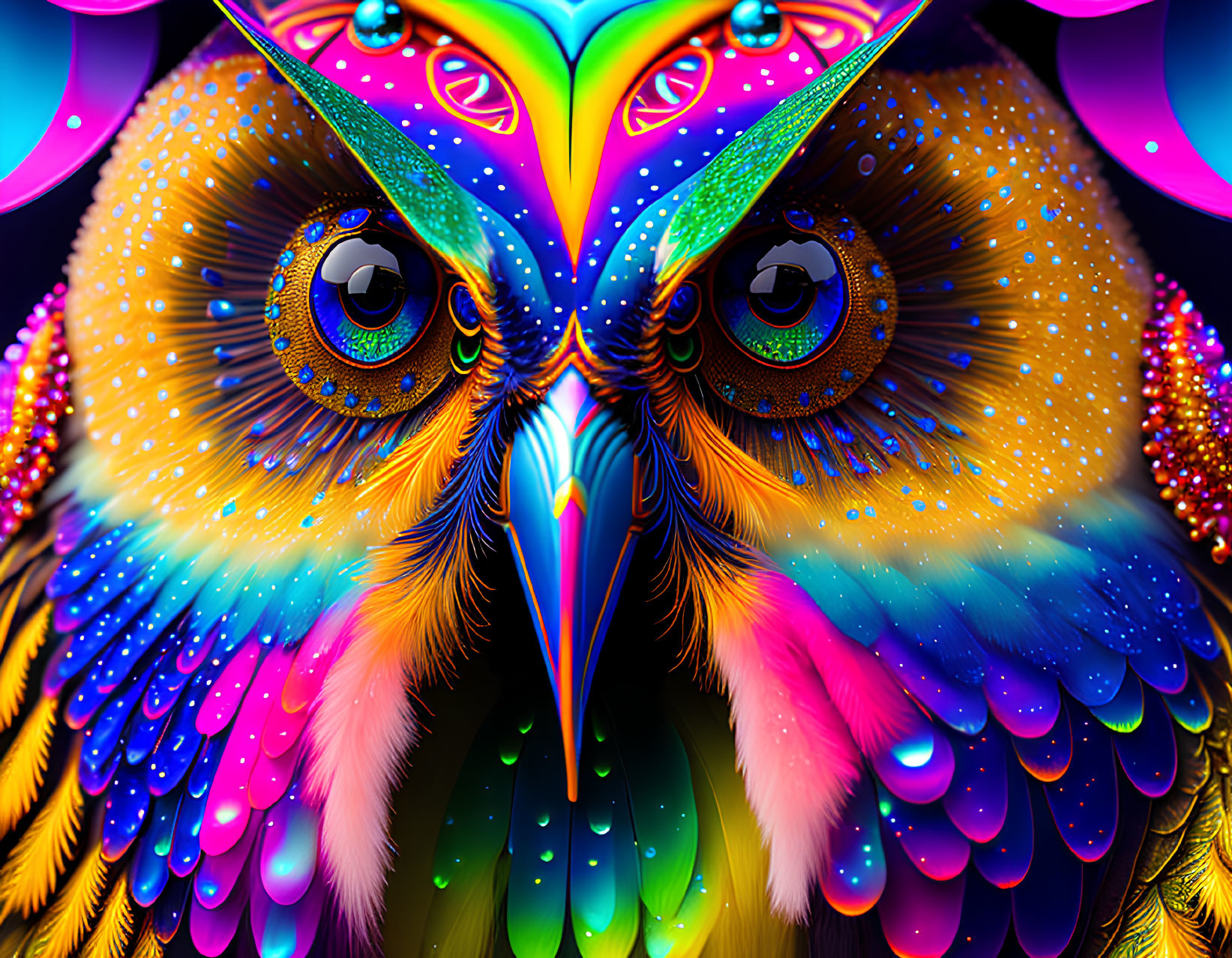 Colorful Owl Artwork with Neon Feathers and Luminous Eyes