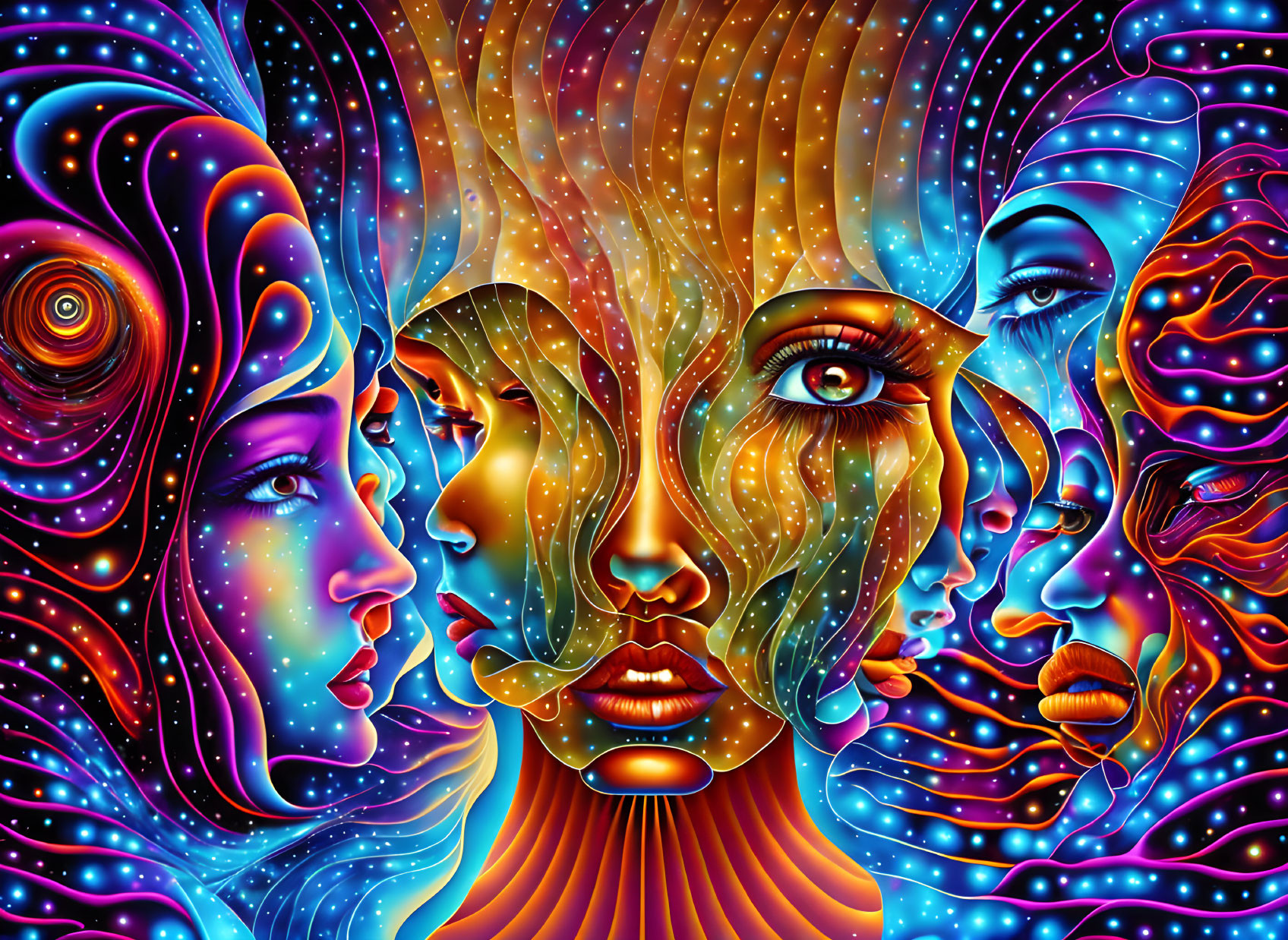 Colorful Psychedelic Artwork with Interconnected Human Faces