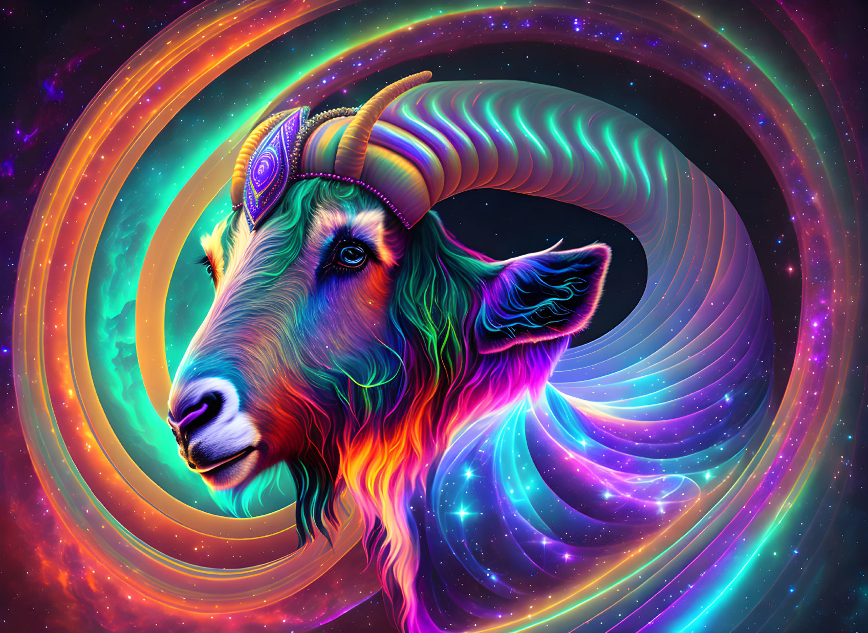 Colorful cosmic goat digital art with swirling galaxy backdrop