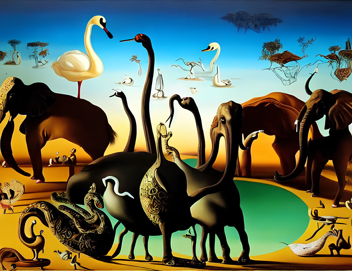 Surreal Nature Art with Elephants, Swans, and Creatures in Distorted Proportions