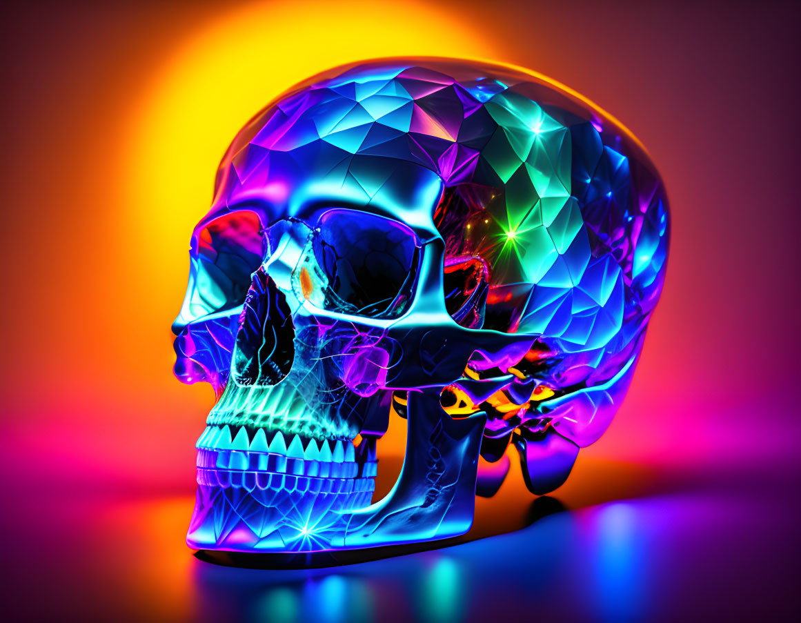 Colorful digital artwork: Faceted skull in neon hues