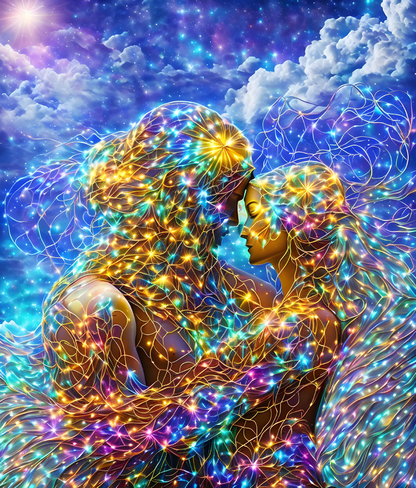 Ethereal figures embrace amidst cosmic lights and stars.