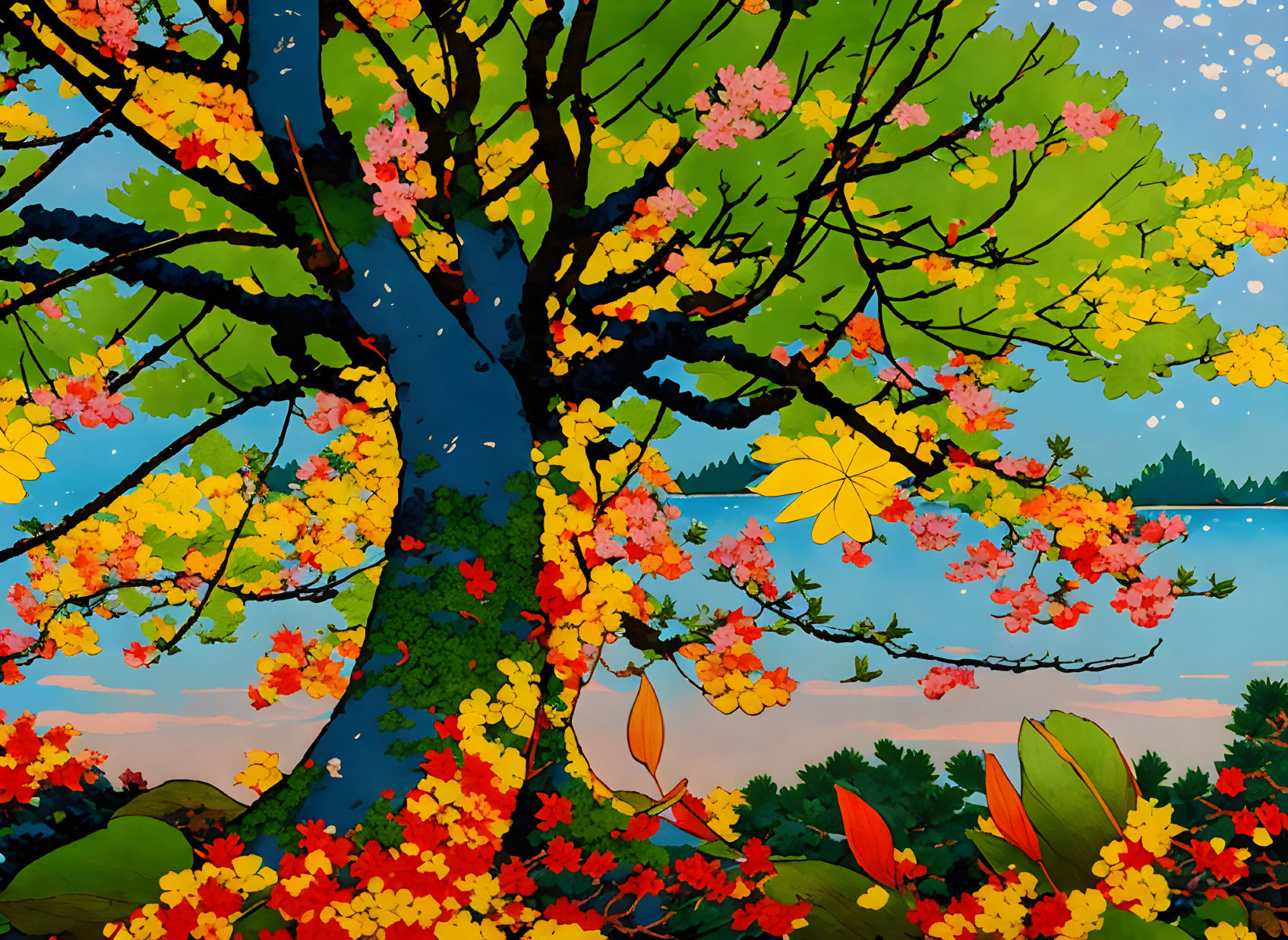 Colorful tree with green, yellow, and red leaves beside blue lake and clear sky