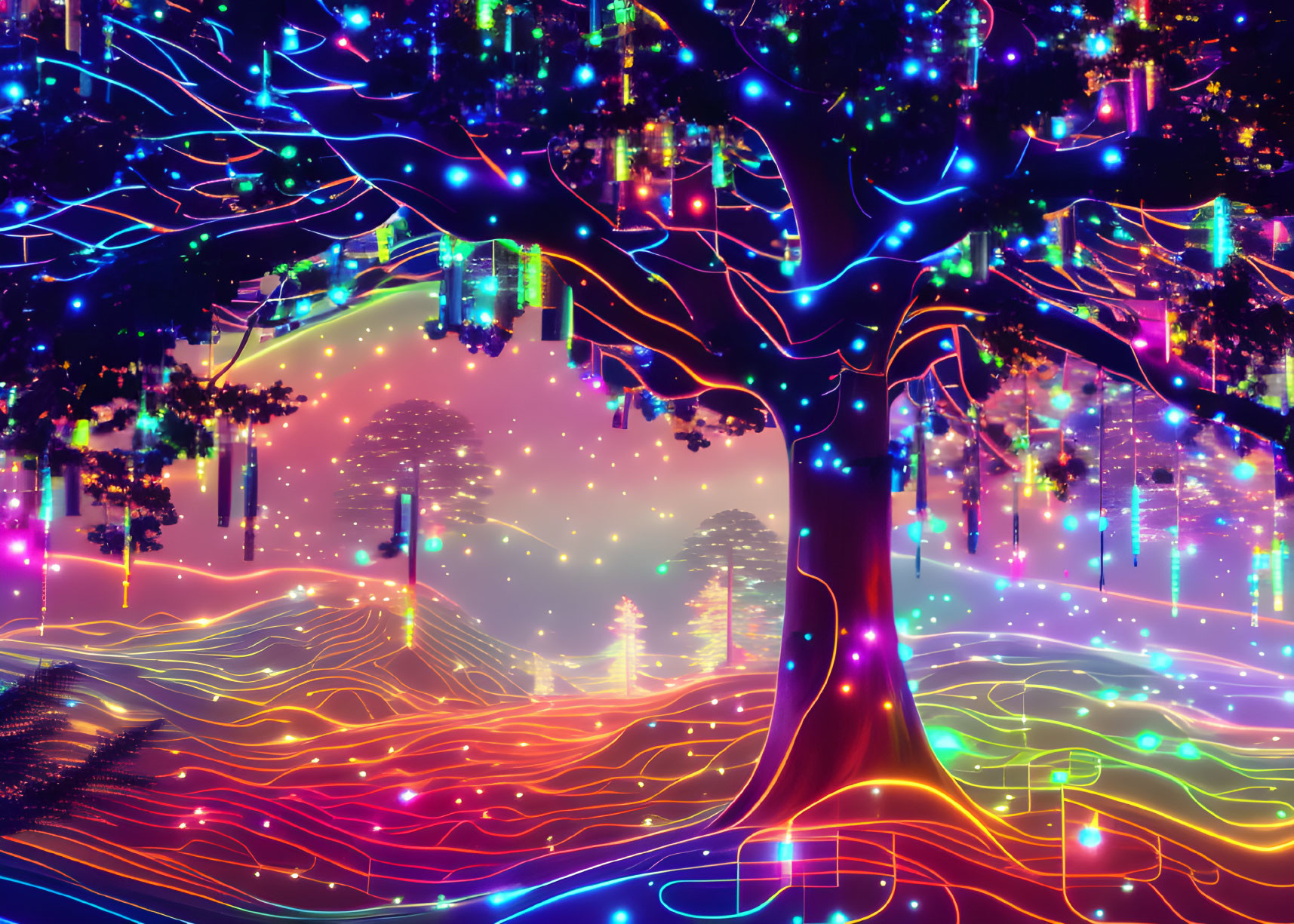 Colorful neon-lit tree in fantastical landscape with glowing roots