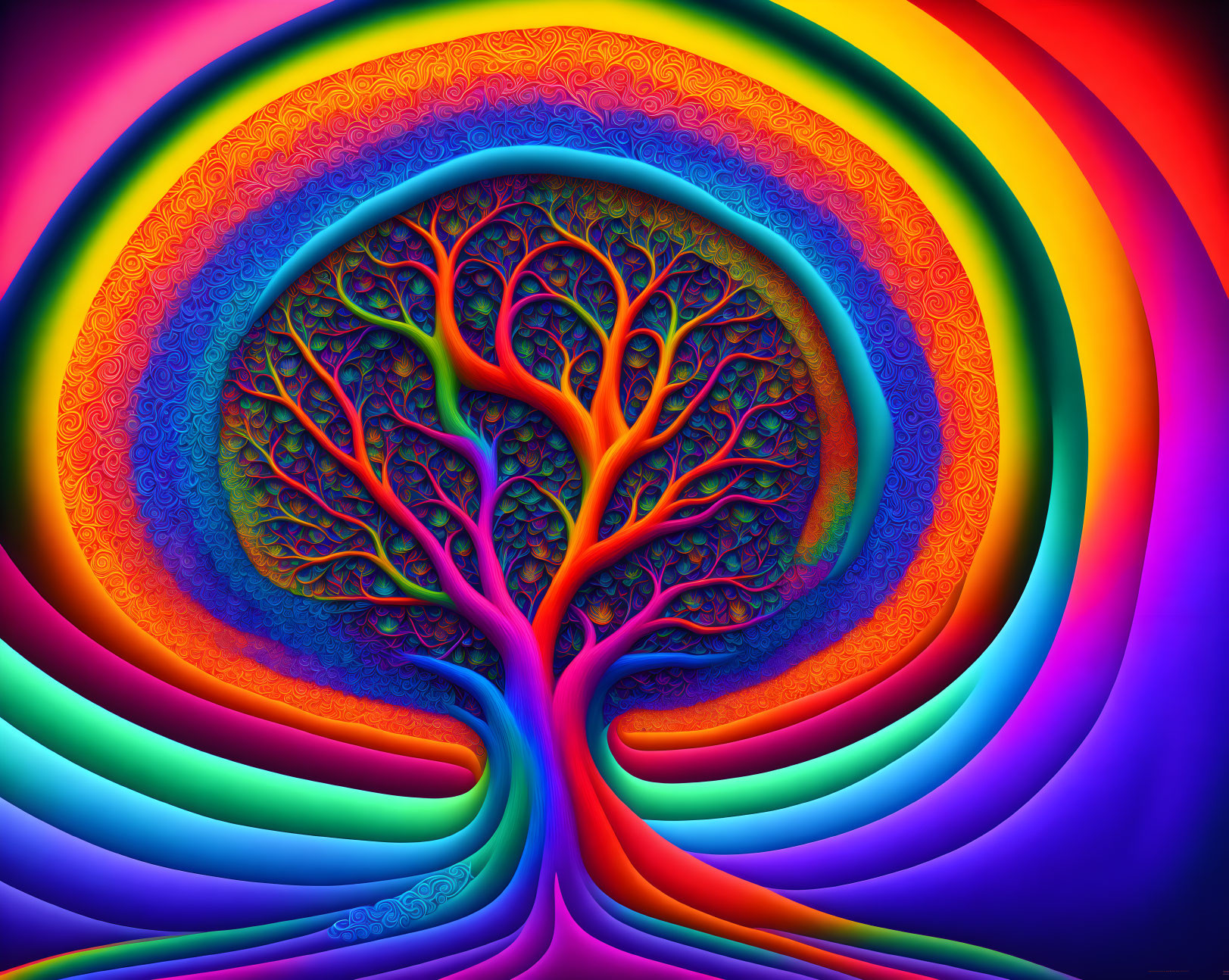 Colorful Stylized Tree Art with Psychedelic Rainbow Background