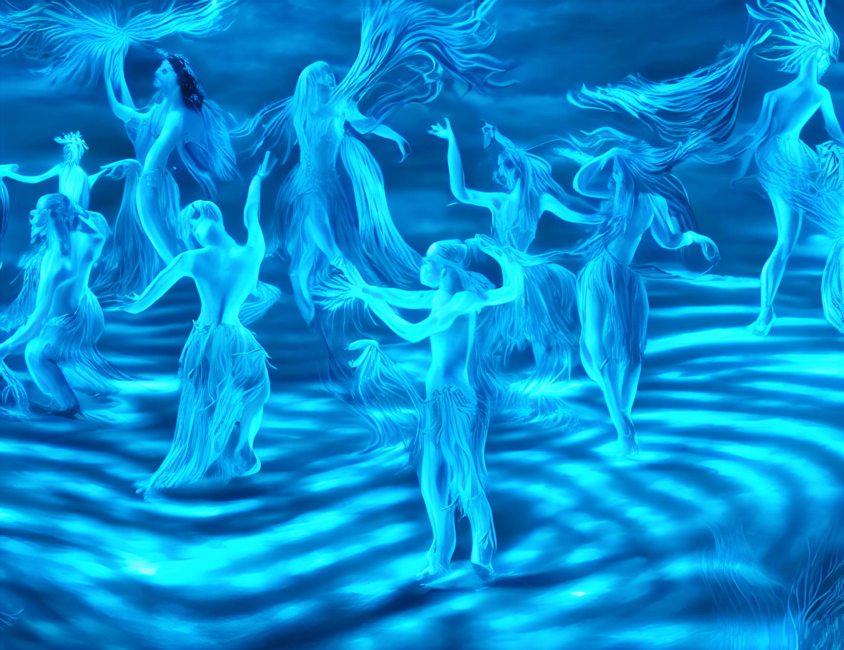 Ethereal blue figures dancing on water under glowing light