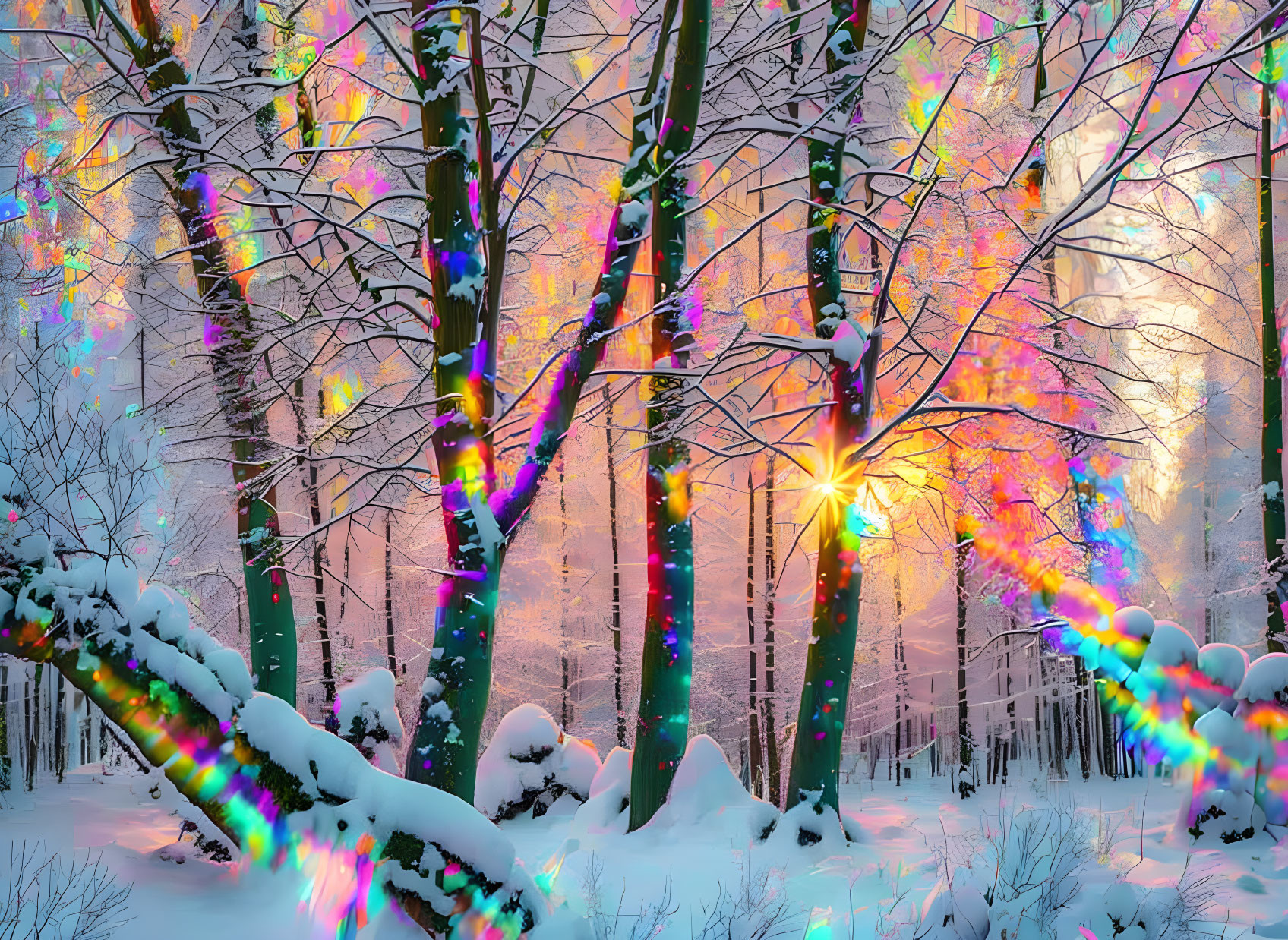 Colorful Lights Adorn Snowy Winter Forest Sunset