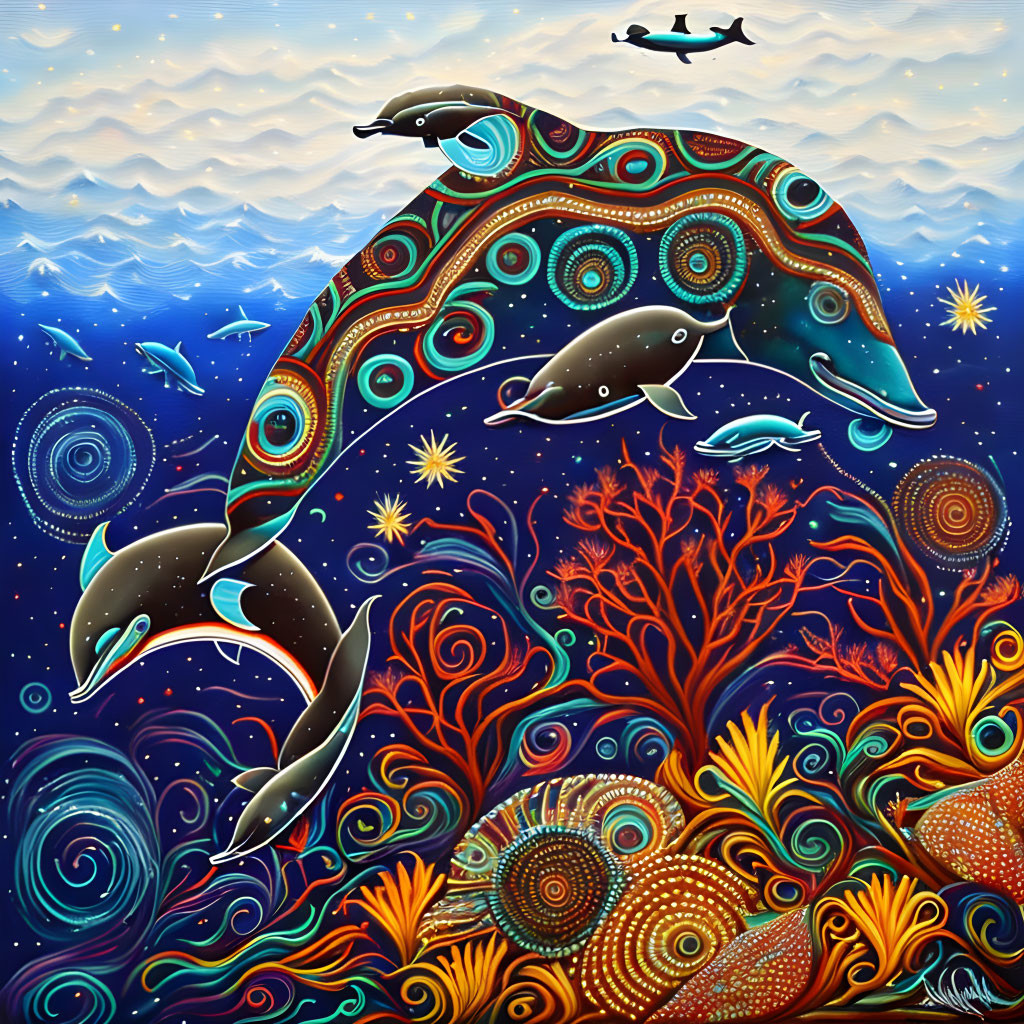 Vibrant Dolphin and Sea Life Artwork with Stylized Patterns