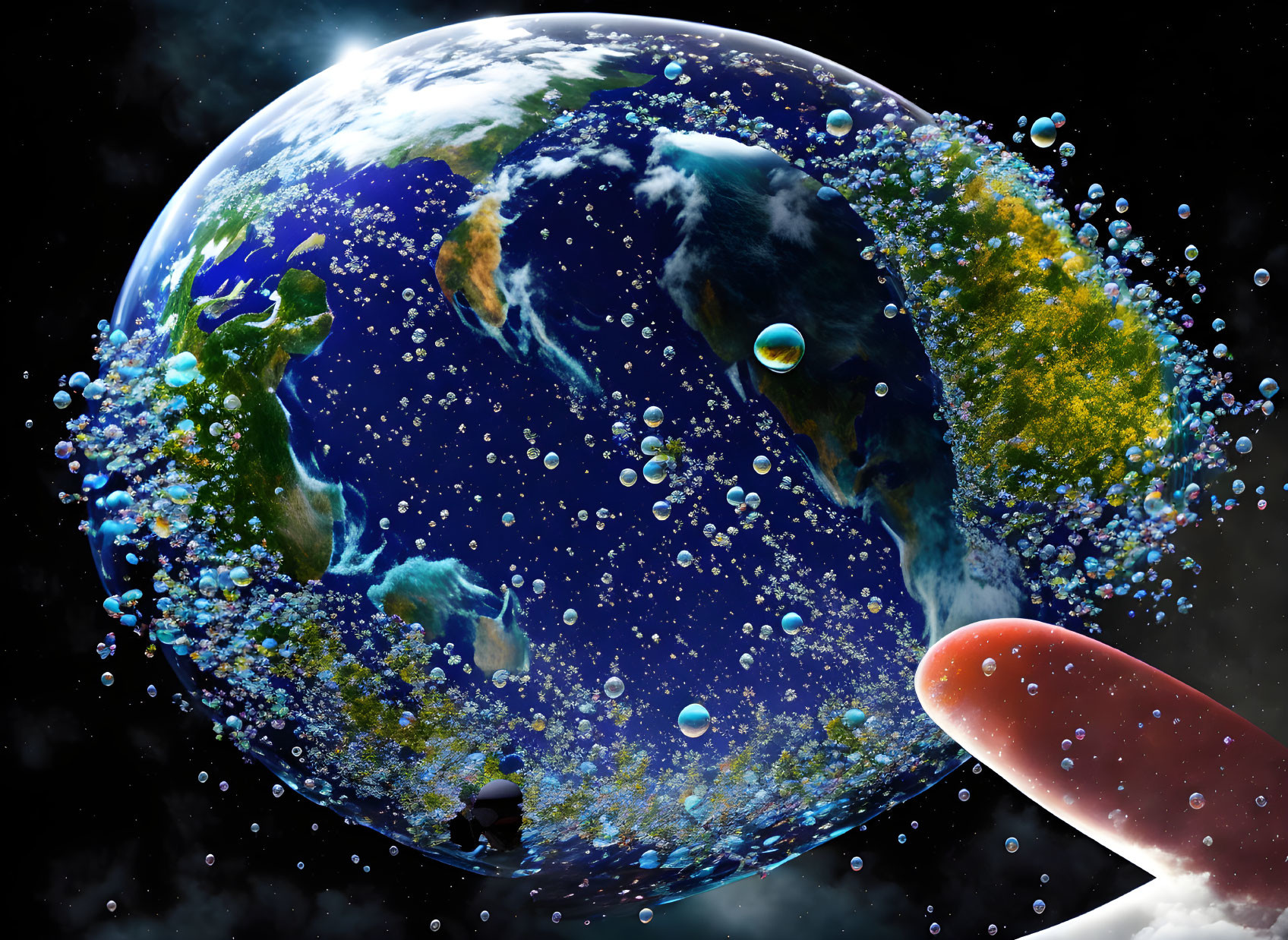 Surreal space scene: Earth encircled by bubbles with red celestial body