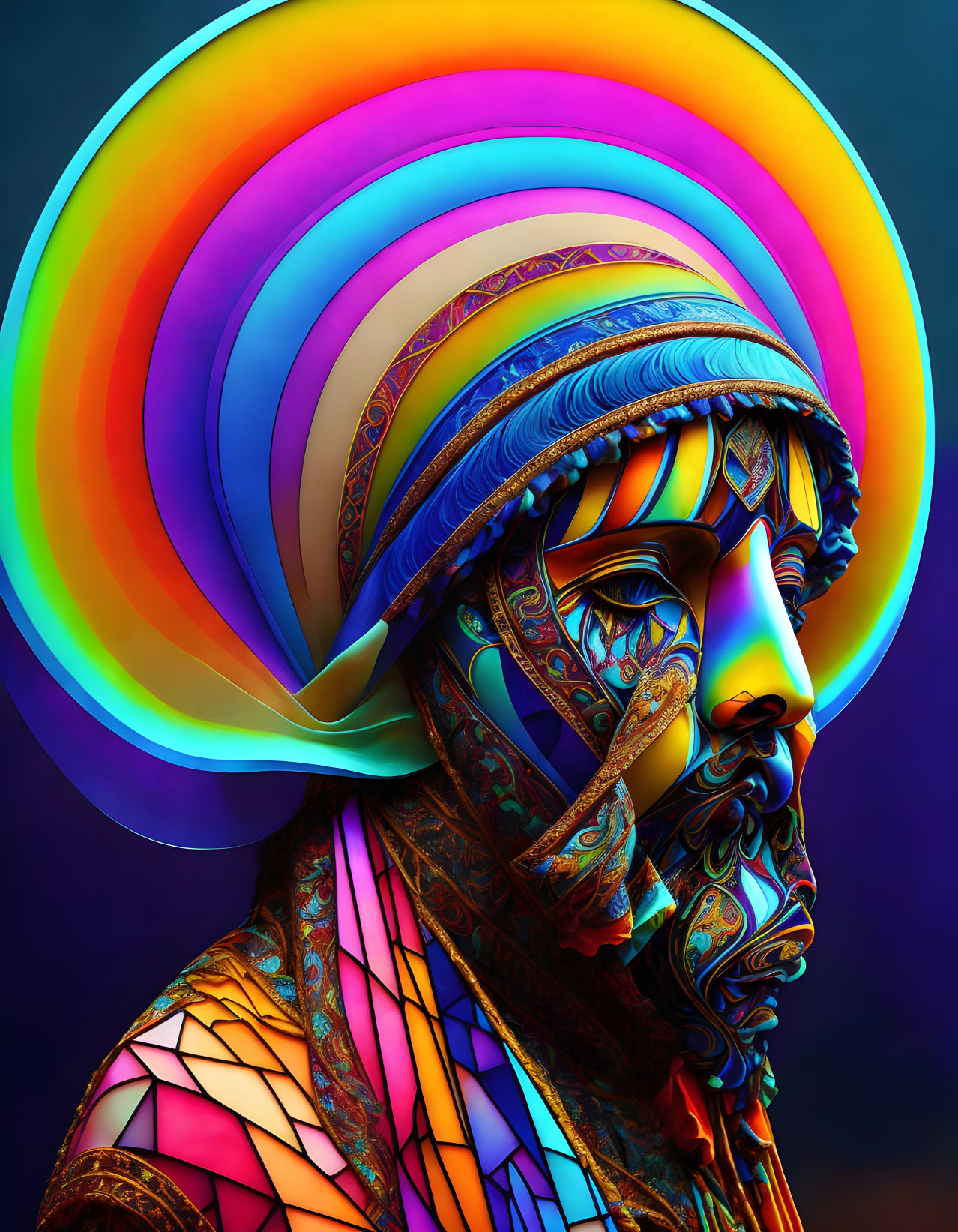 Vibrant digital profile portrait with turban and halo effect