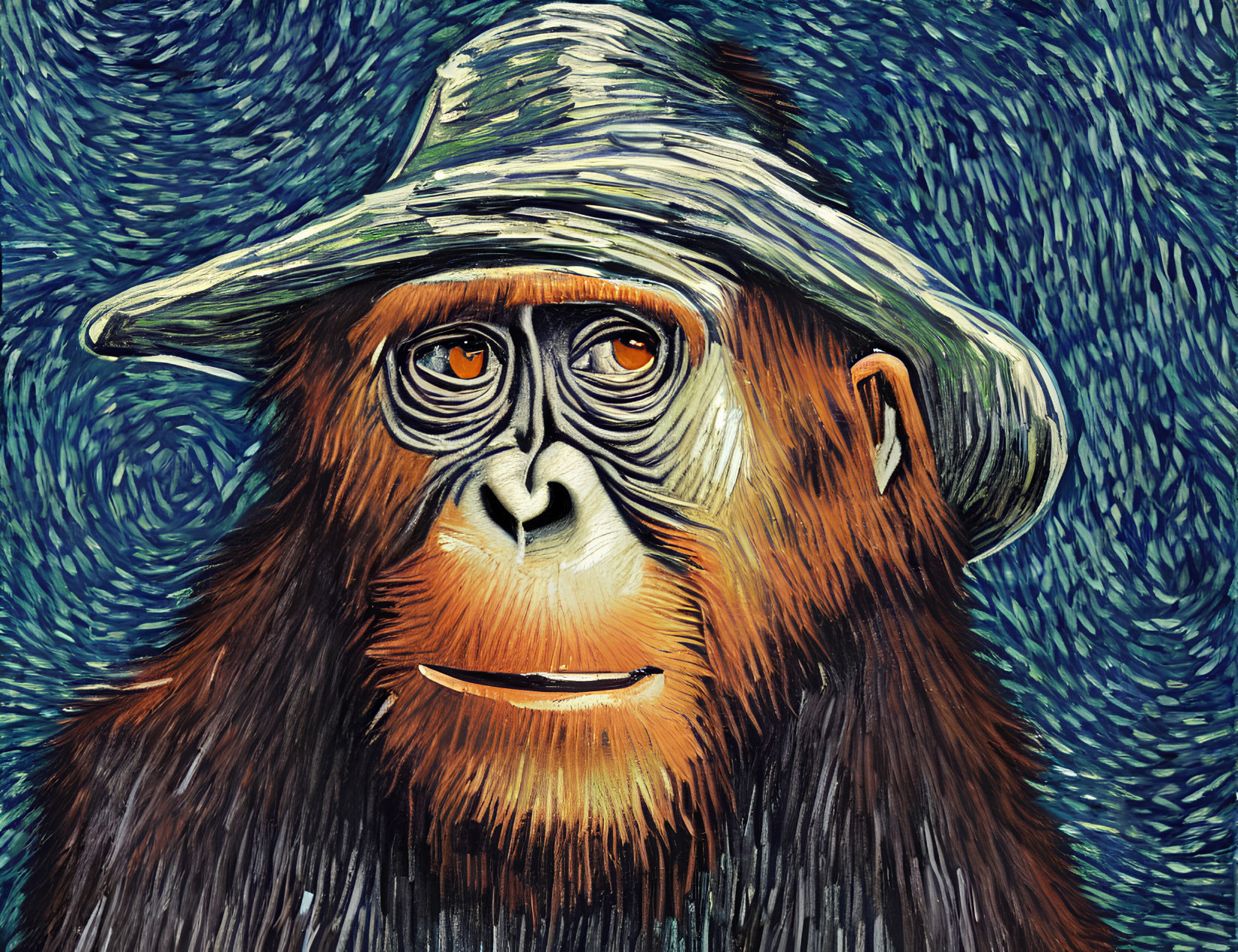 Orangutan with human-like eyes in straw hat on Van Gogh-style background