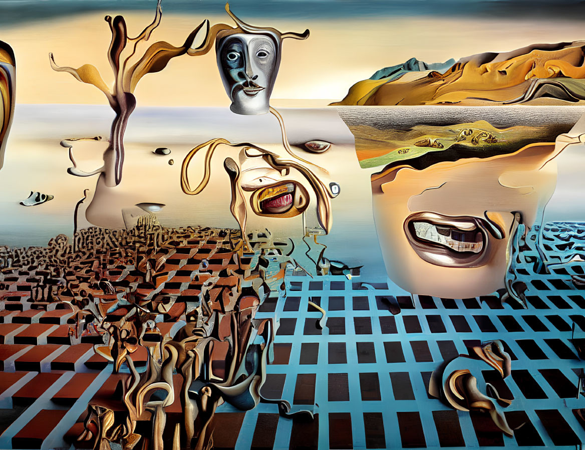 Surreal painting featuring melting clocks, distorted faces, checkerboard landscape, and fluid forms.