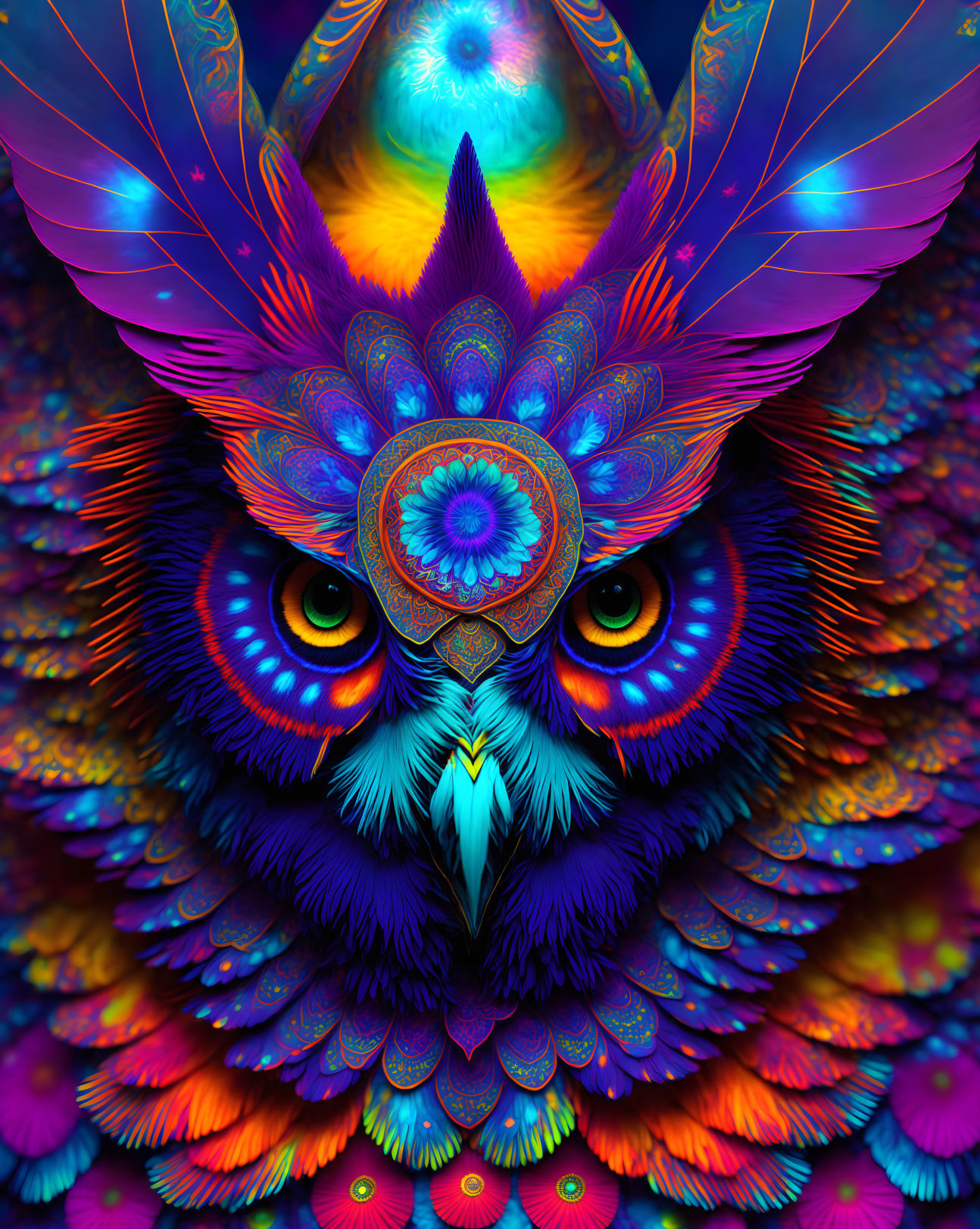 Colorful Psychedelic Owl Illustration with Detailed Patterns and Mystical Vibe