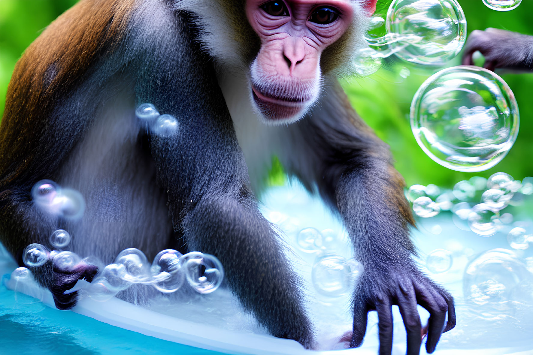 Inquisitive monkey with pink face and shiny bubbles in lush green setting