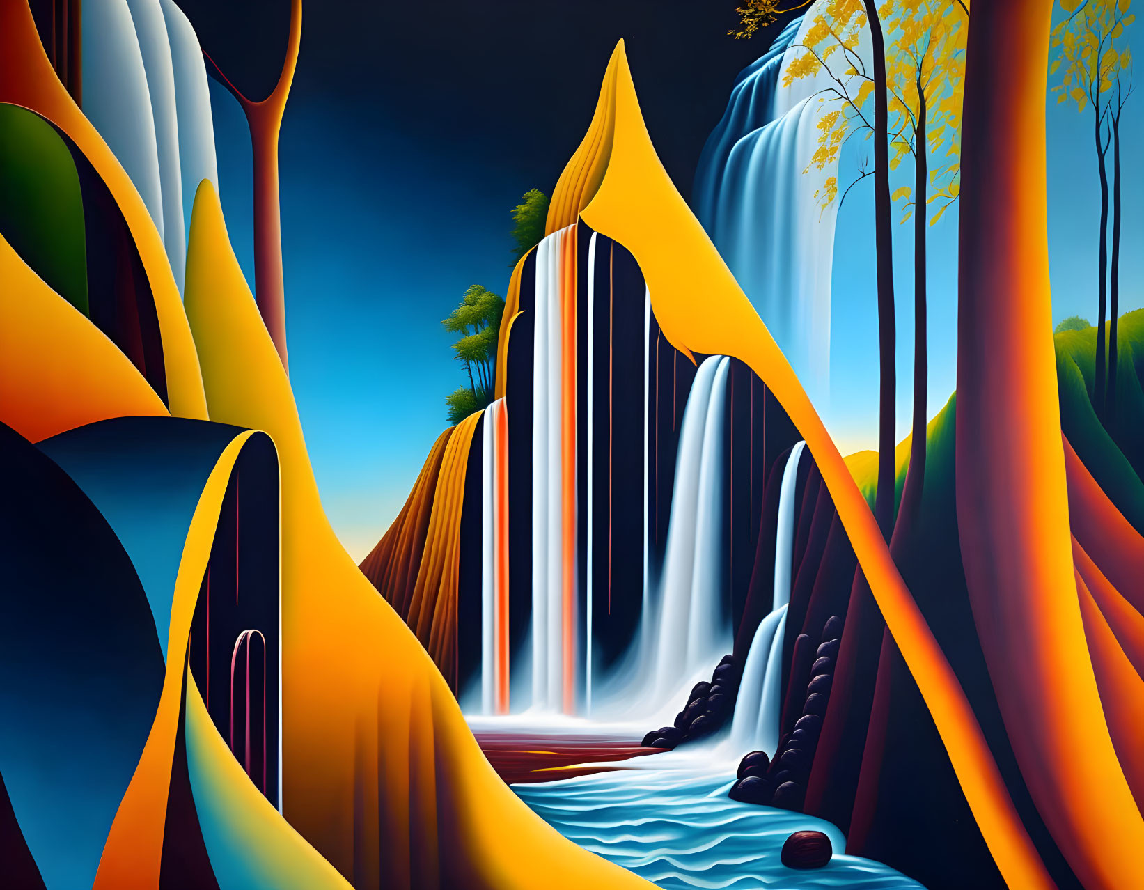 Surreal landscape with waterfalls, vibrant autumn trees, and winding river.